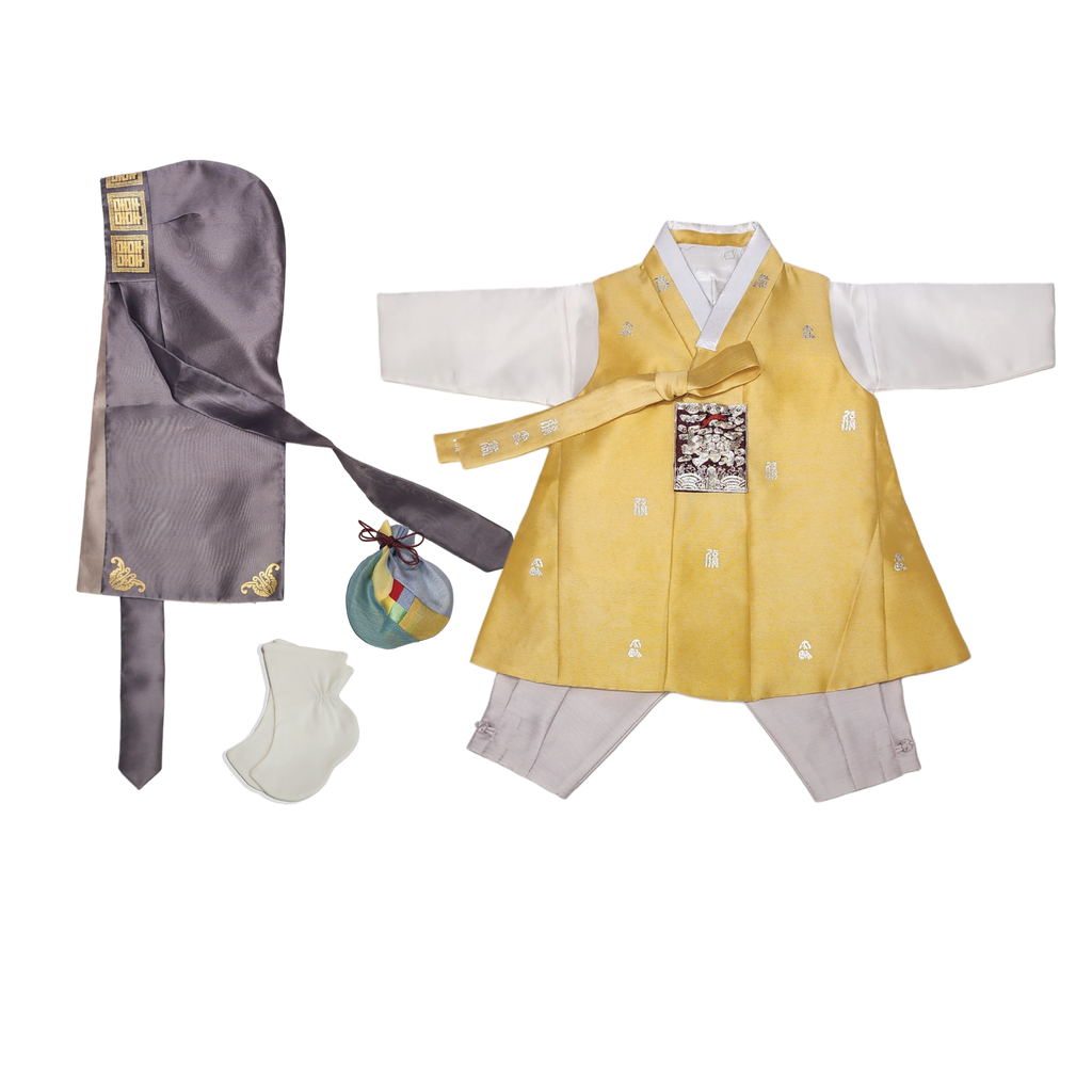 Yellow dol hanbok for boys, 6 pieces set Korean first birthday